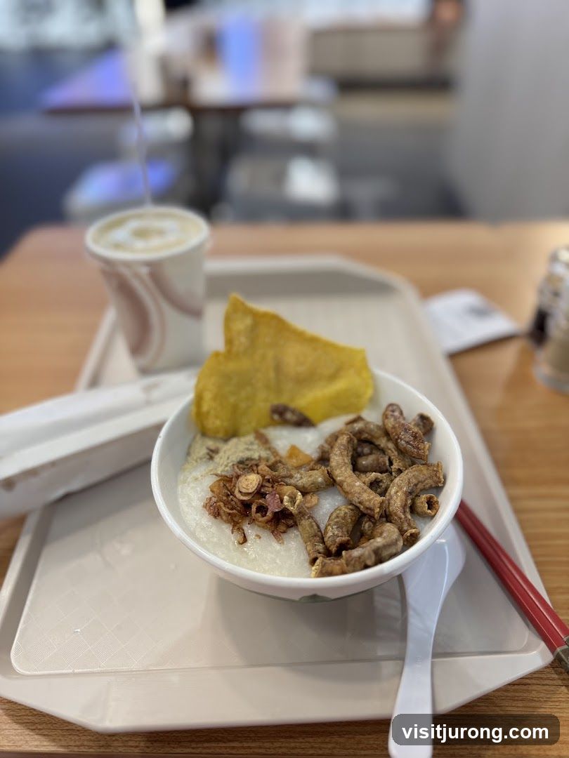 Congee with toppings and a drink