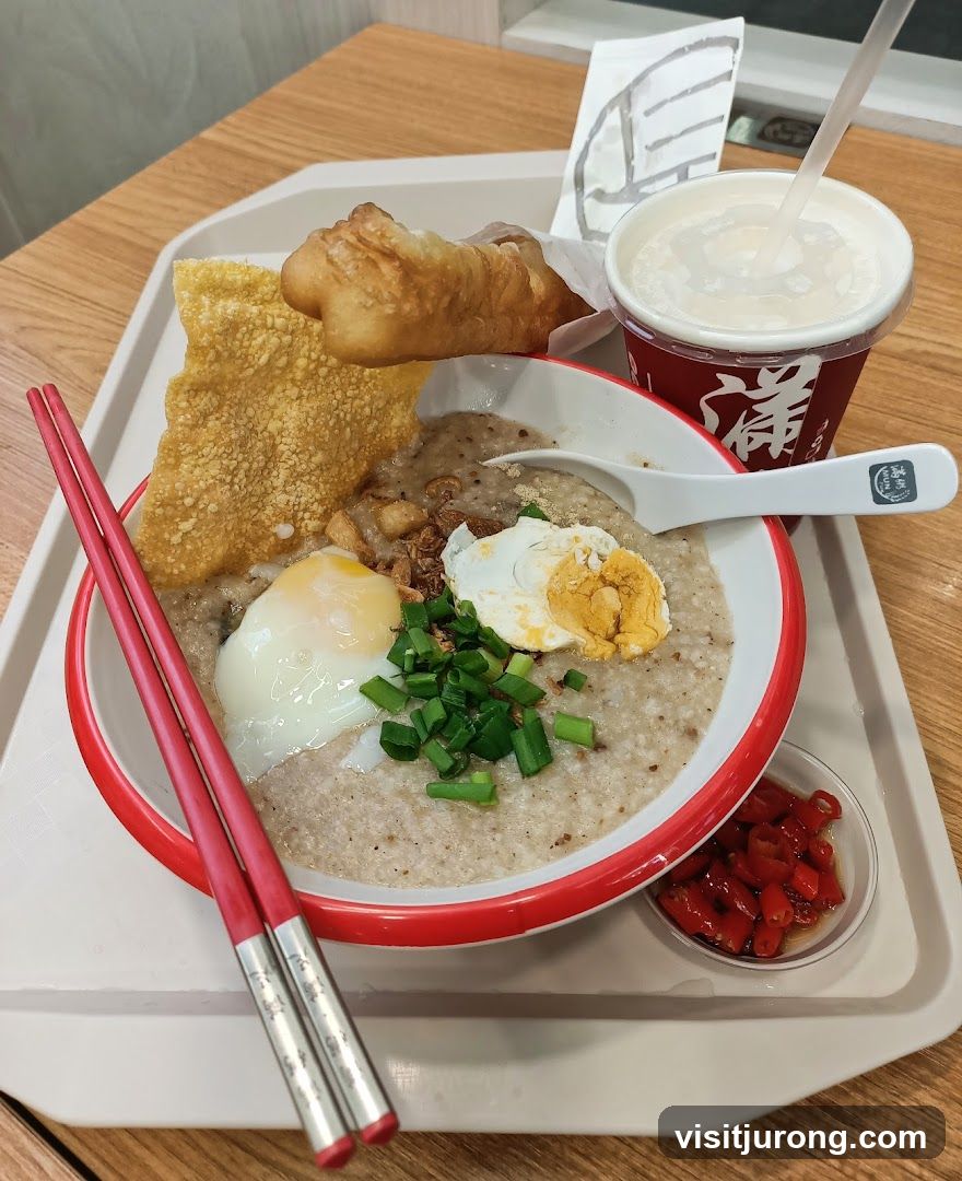 Congee with toppings and a drink