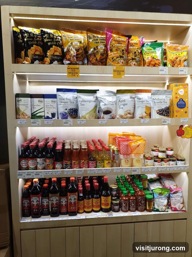 Assortment of Packaged Snacks, Teas, Sauces, and Jars