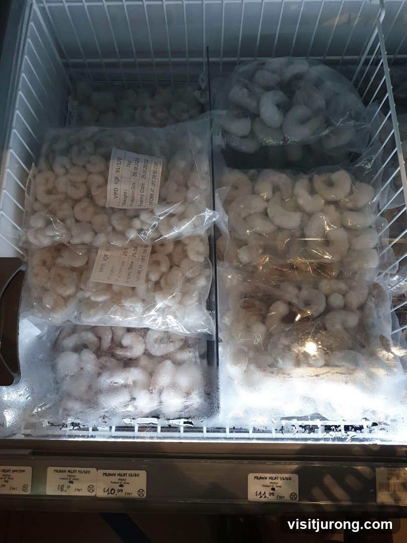 Frozen Prawns in a Freezer Display