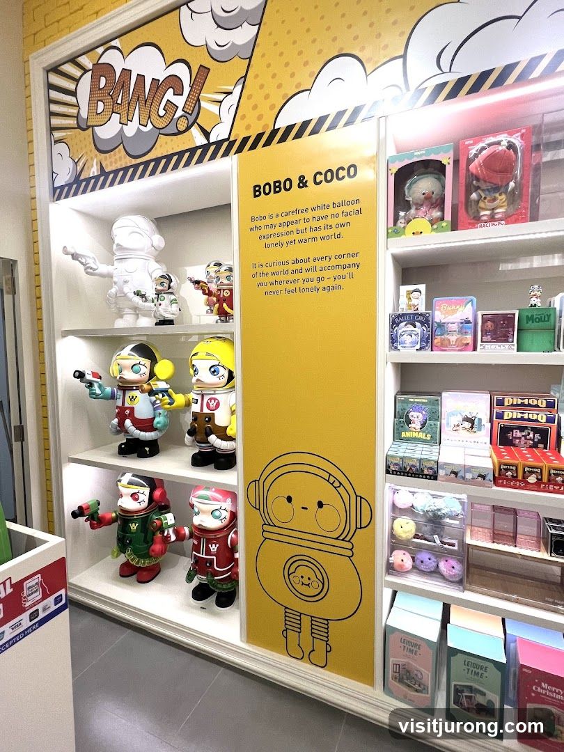 Display of Bobo & Coco toys and merchandise