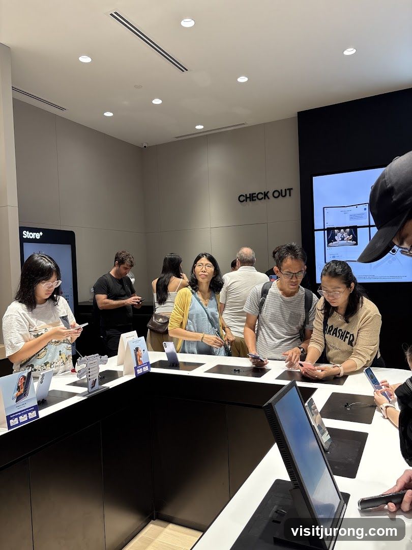Customers browsing phones at a checkout counter
