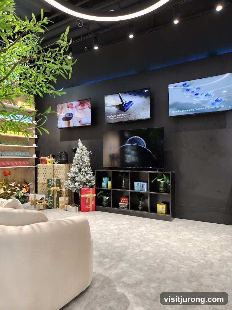 Modern retail display with screens and festive decorations
