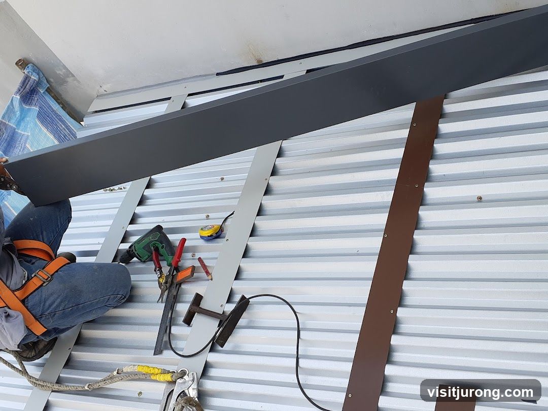Construction worker installing metal roofing
