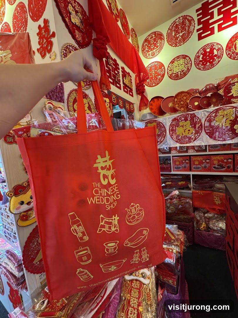 Red Tote Bag with Wedding Items
