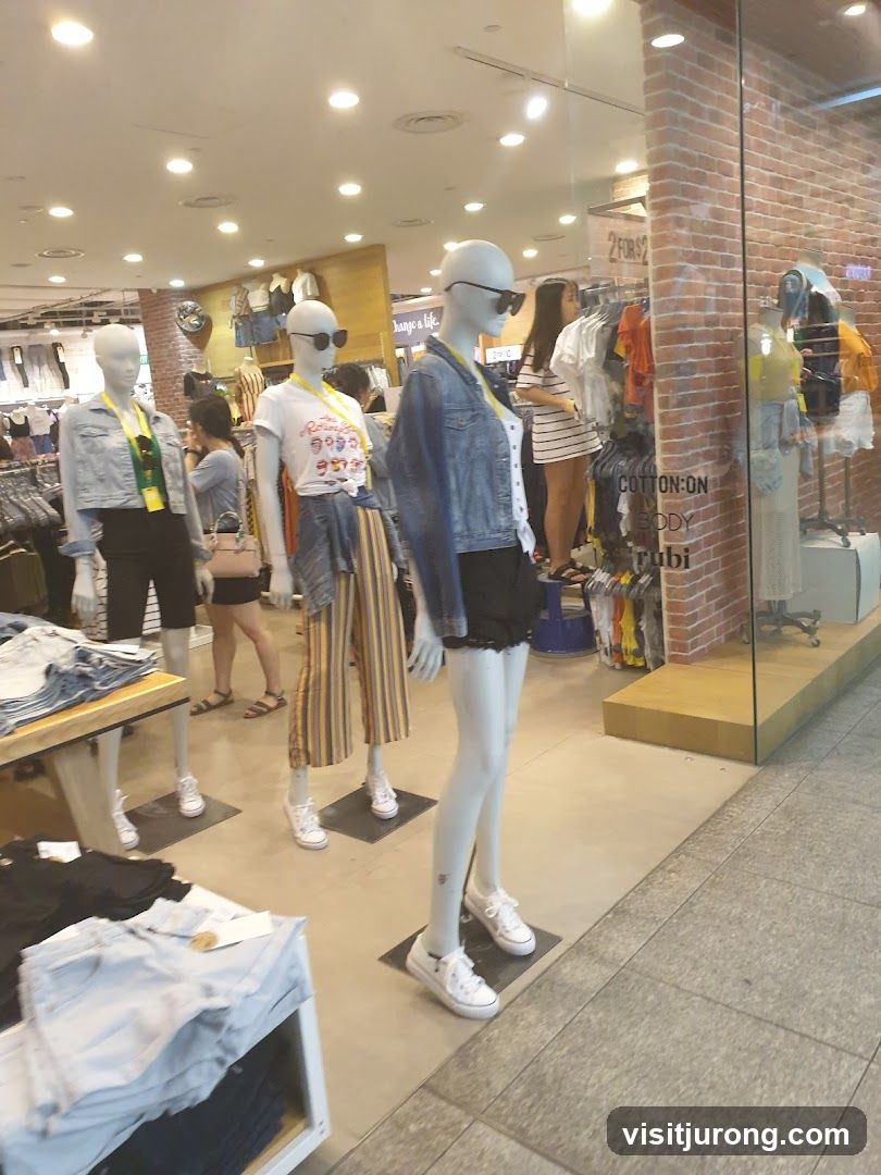 Clothing store display with mannequins