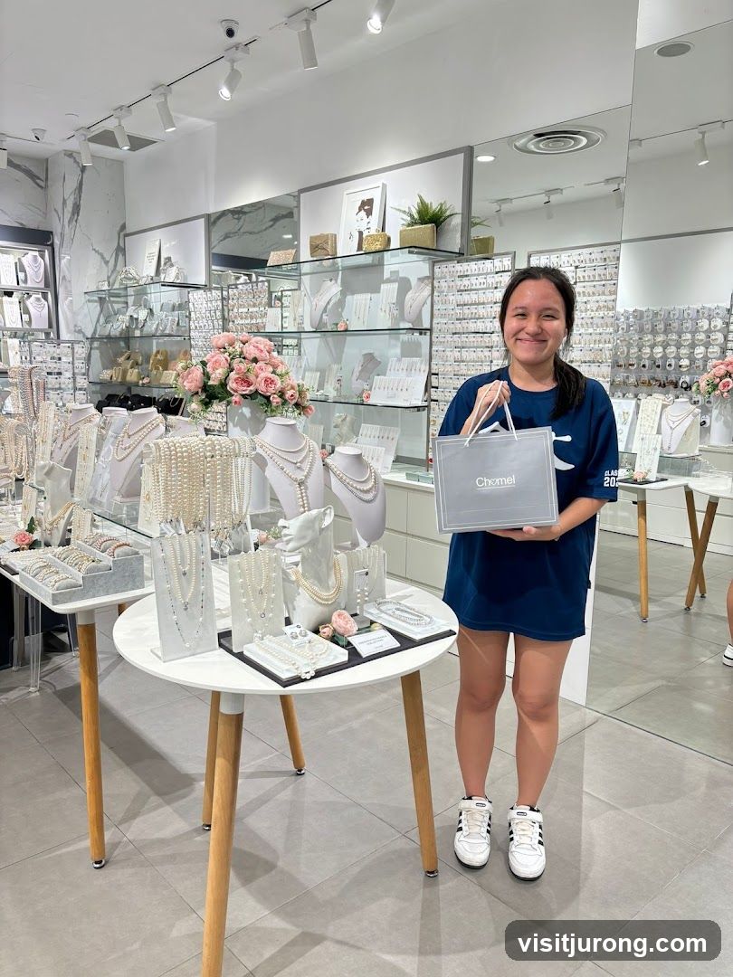 Woman holding a shopping bag in a jewelry store