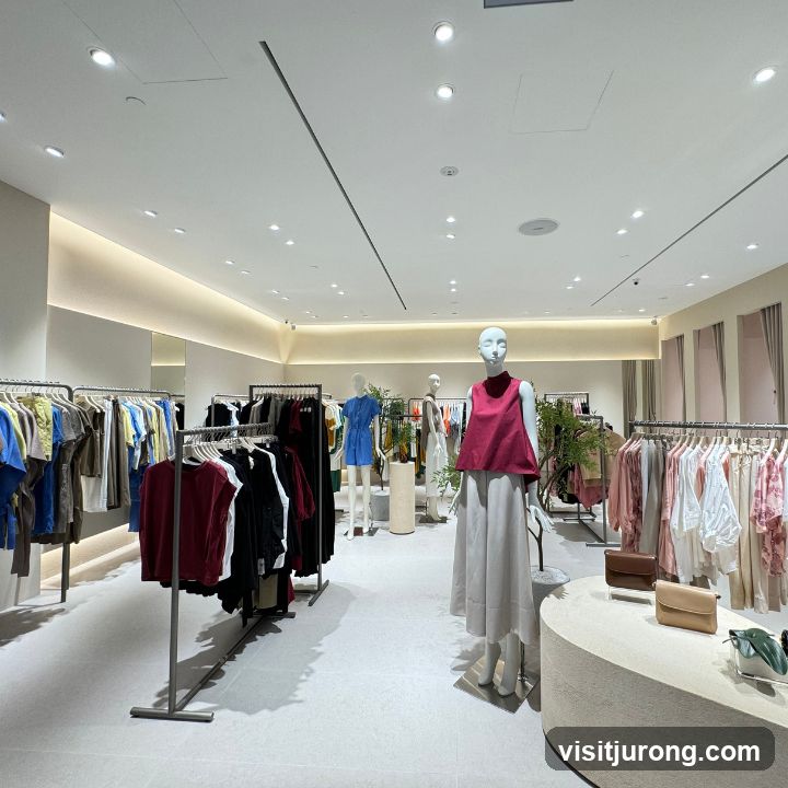 Clothing store interior with mannequins and racks of clothes