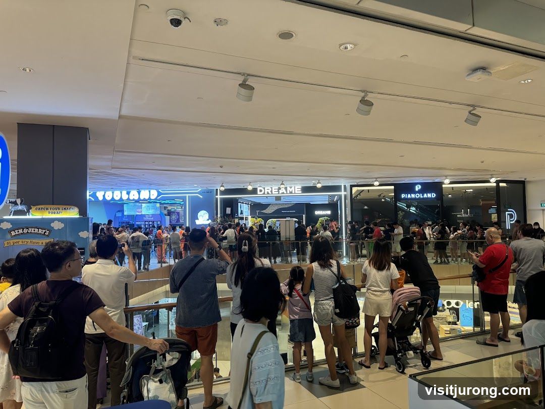Crowded indoor shopping mall with various stores