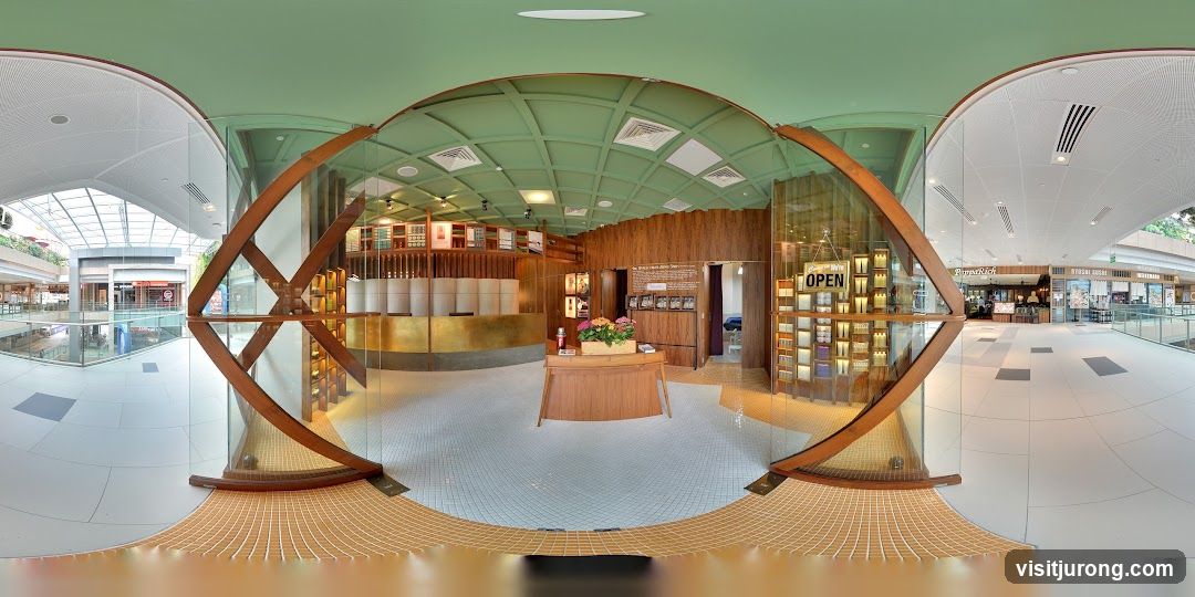Interior of a store with wooden accents and displays