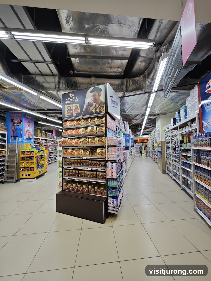 Supermarket aisle with coffee and snacks