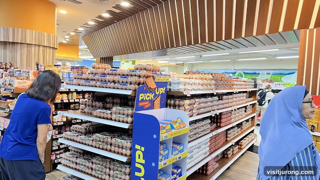 Supermarket aisle with eggs and snacks