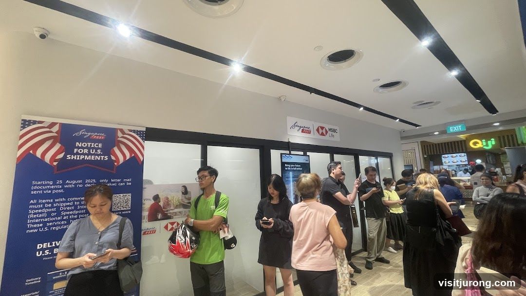 People waiting in line at a post office and food establishment