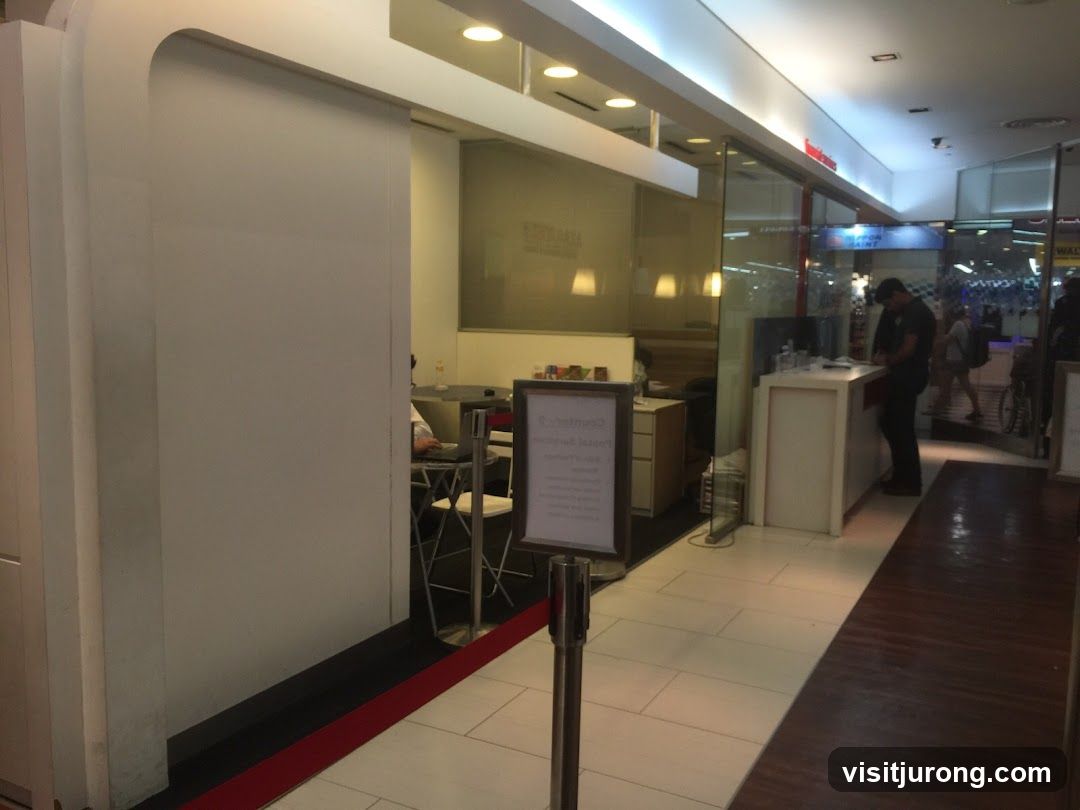 Interior of a shop with a counter and seating area