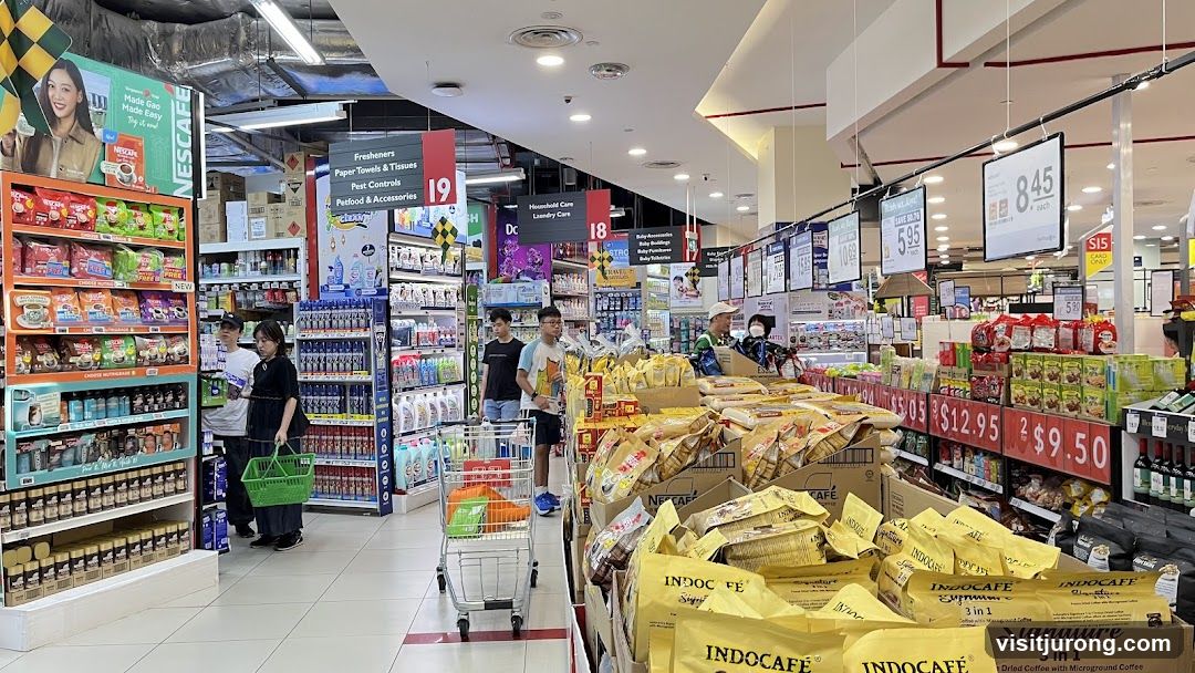 Supermarket aisle with coffee and household products
