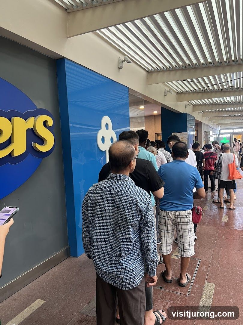 Storefront with a queue of people