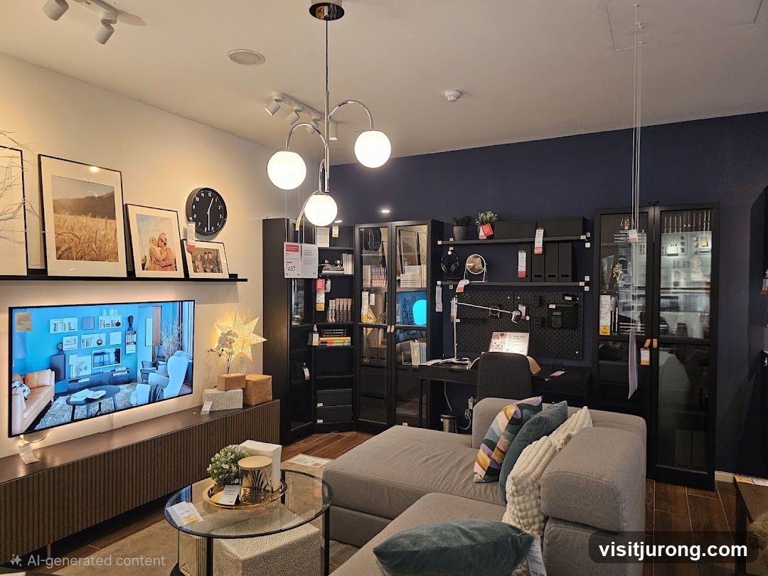 Living room display with TV, sofa, and shelving