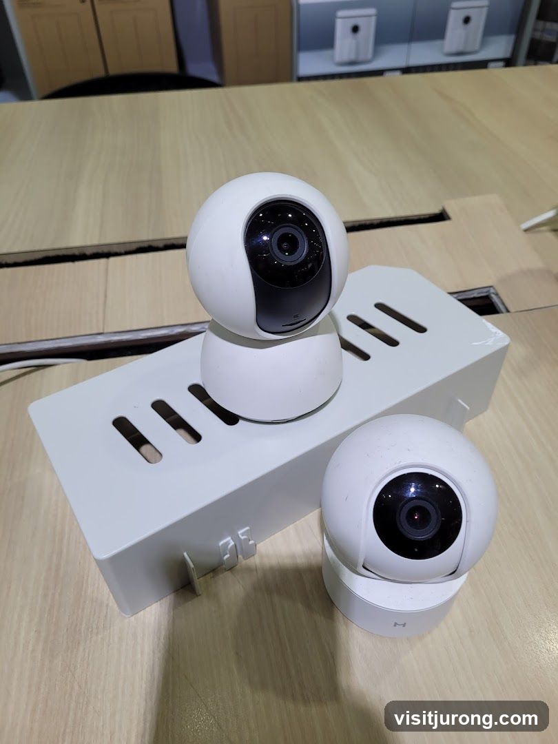 Two white security cameras on a display stand