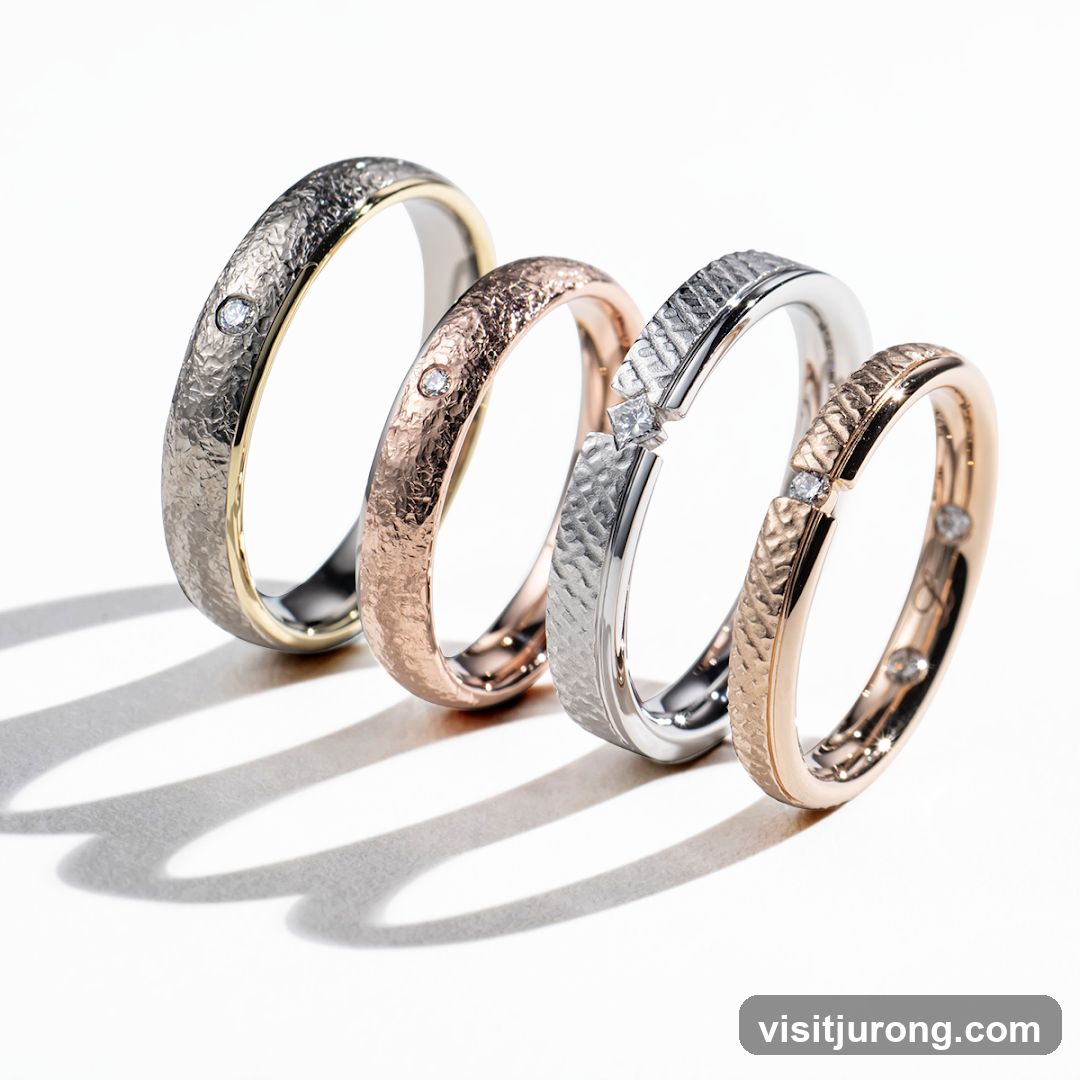 Four textured rings with diamonds