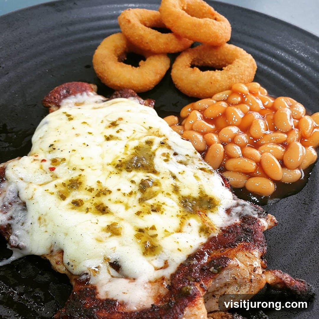 Cheesy Chicken with Onion Rings and Beans