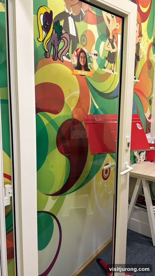 Doorway with colorful mural and name tag