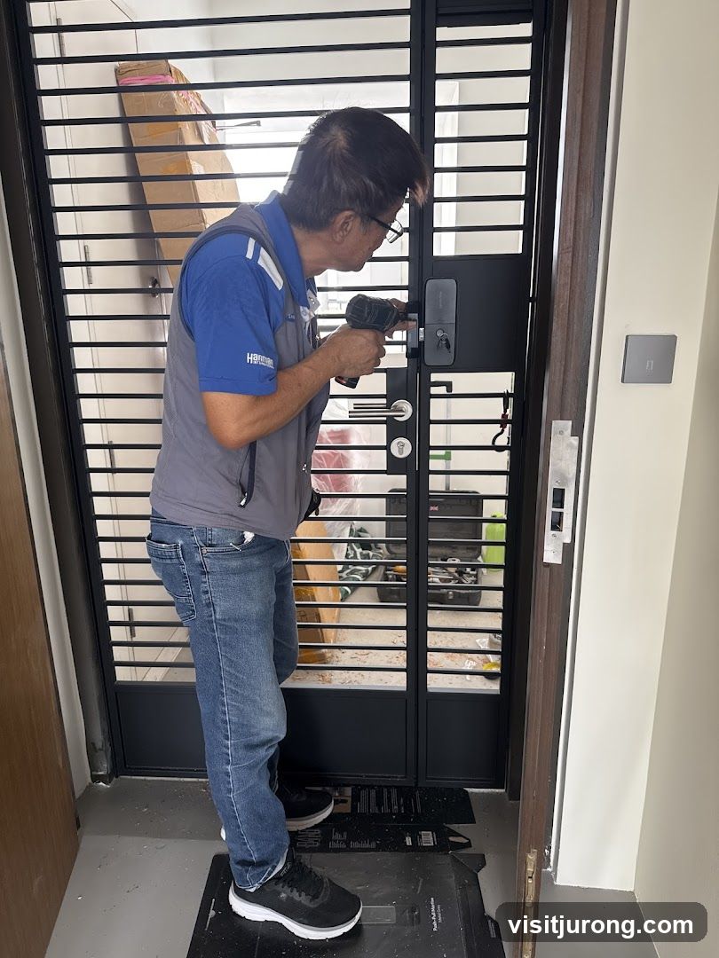 Man installing a smart lock on a metal gate