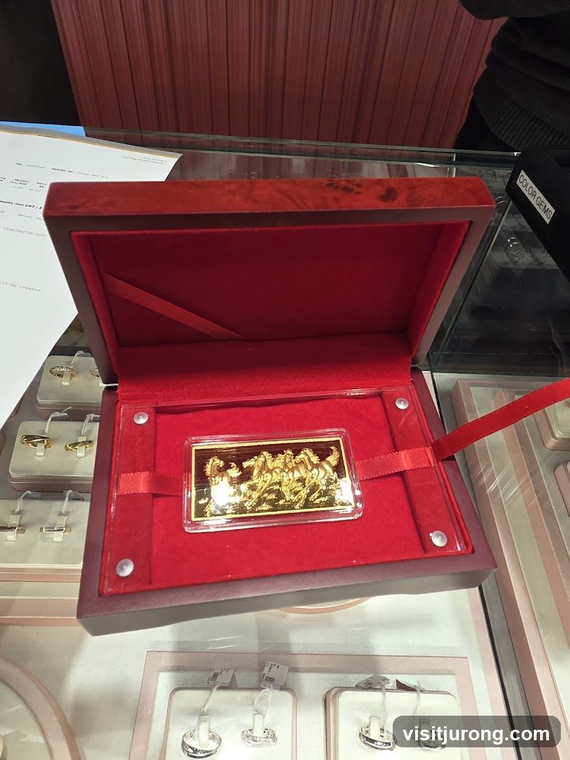 Gold bar with horses in a display box