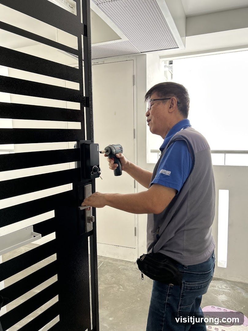 Man installing a lock on a gate