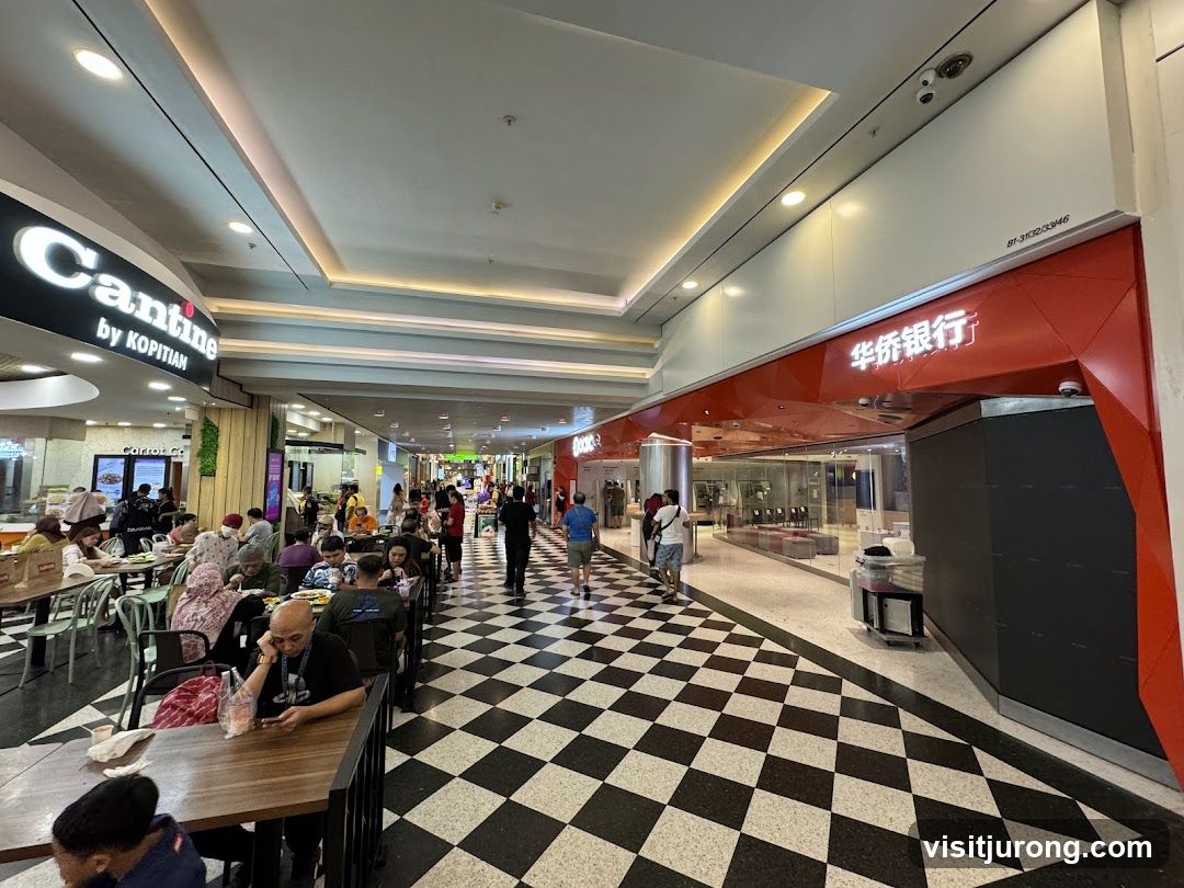 Indoor Mall Corridor with Eateries and Bank