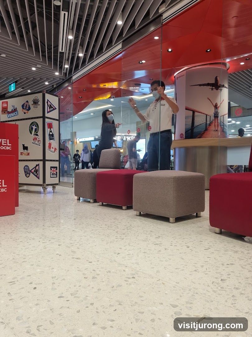 Bank interior with staff and seating