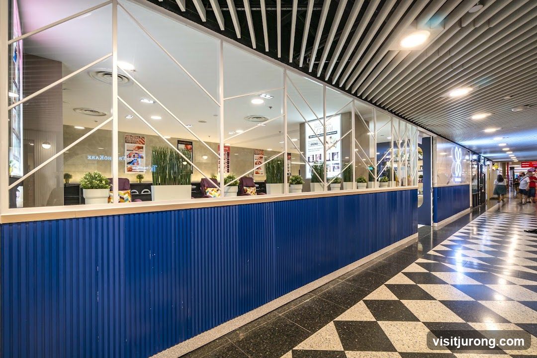 Interior of a modern establishment with blue accents