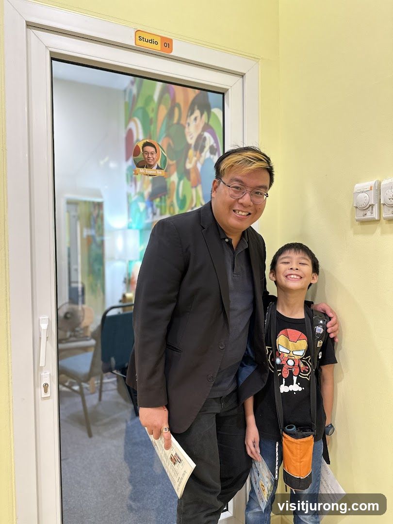 Man and Boy Posing by Studio Door