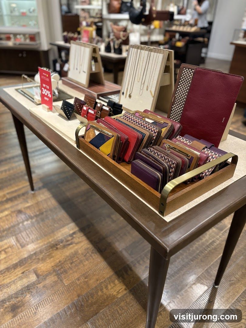 Fossil Wallets and Necklaces Display
