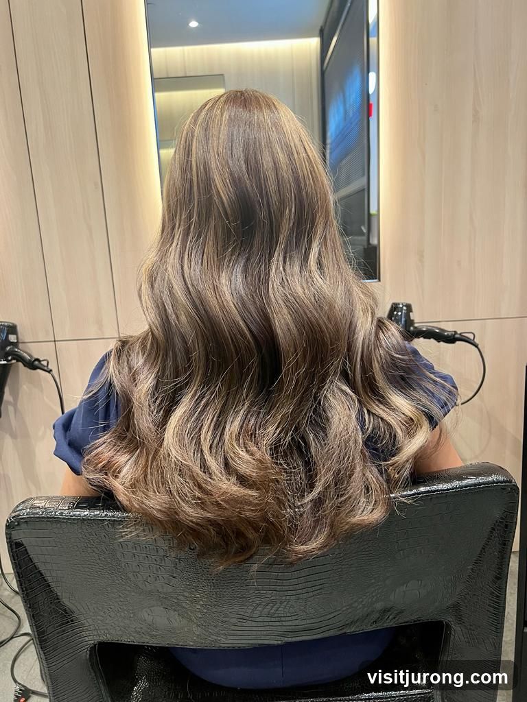 Woman with long, wavy, highlighted hair