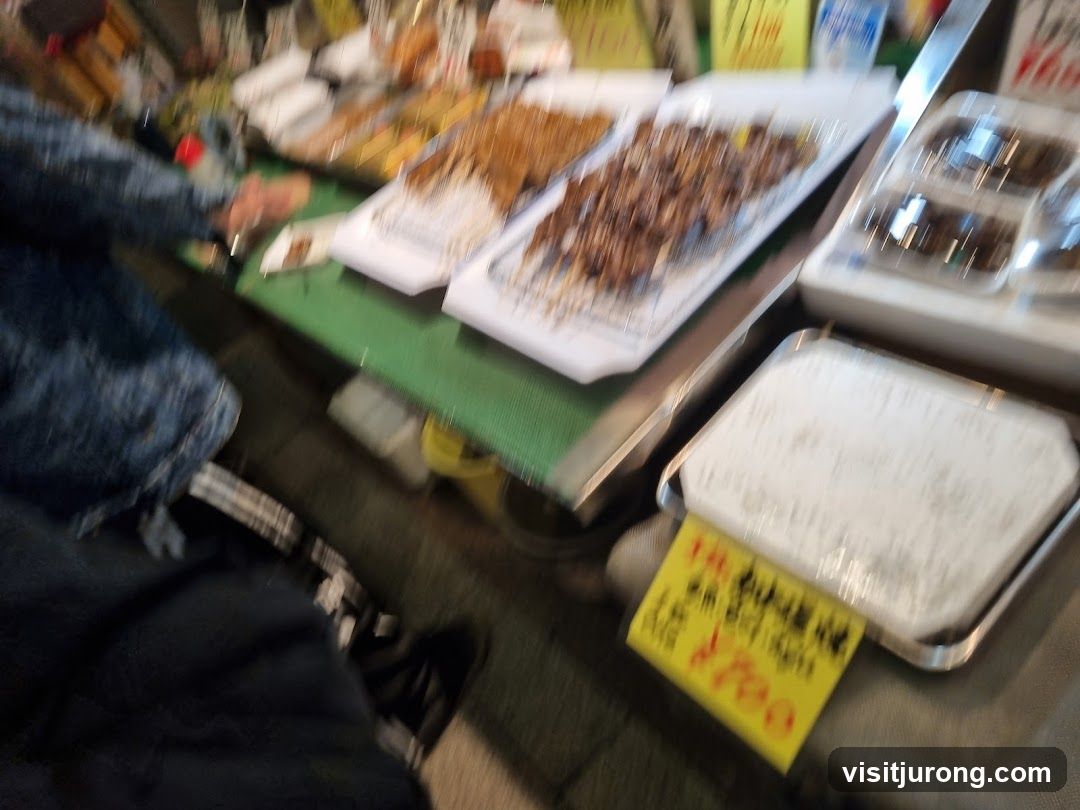 Street food stall with skewers