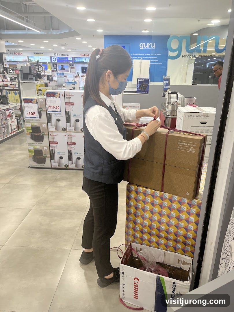Store employee wrapping gifts
