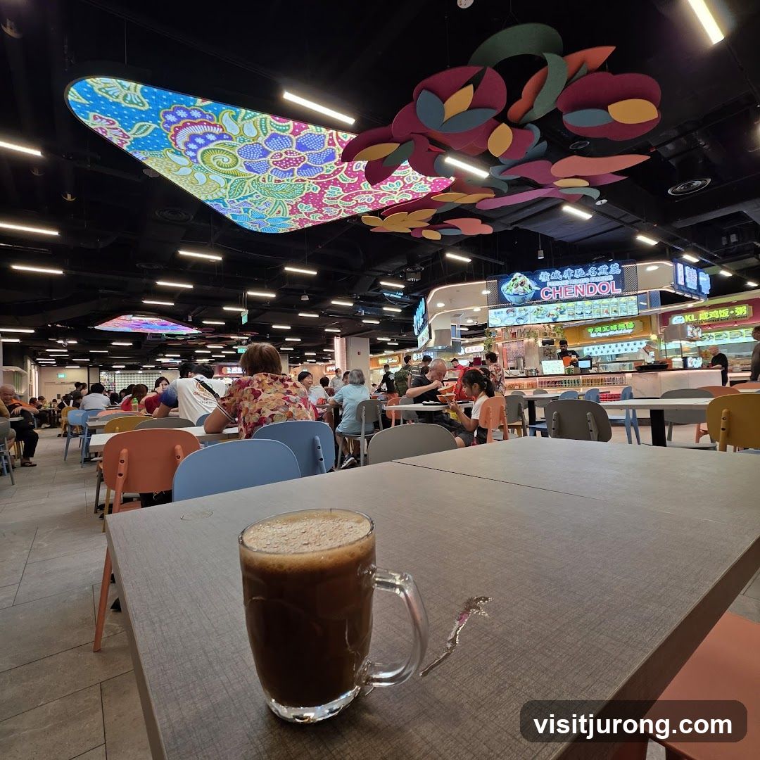 Food court with decorative ceiling and a drink