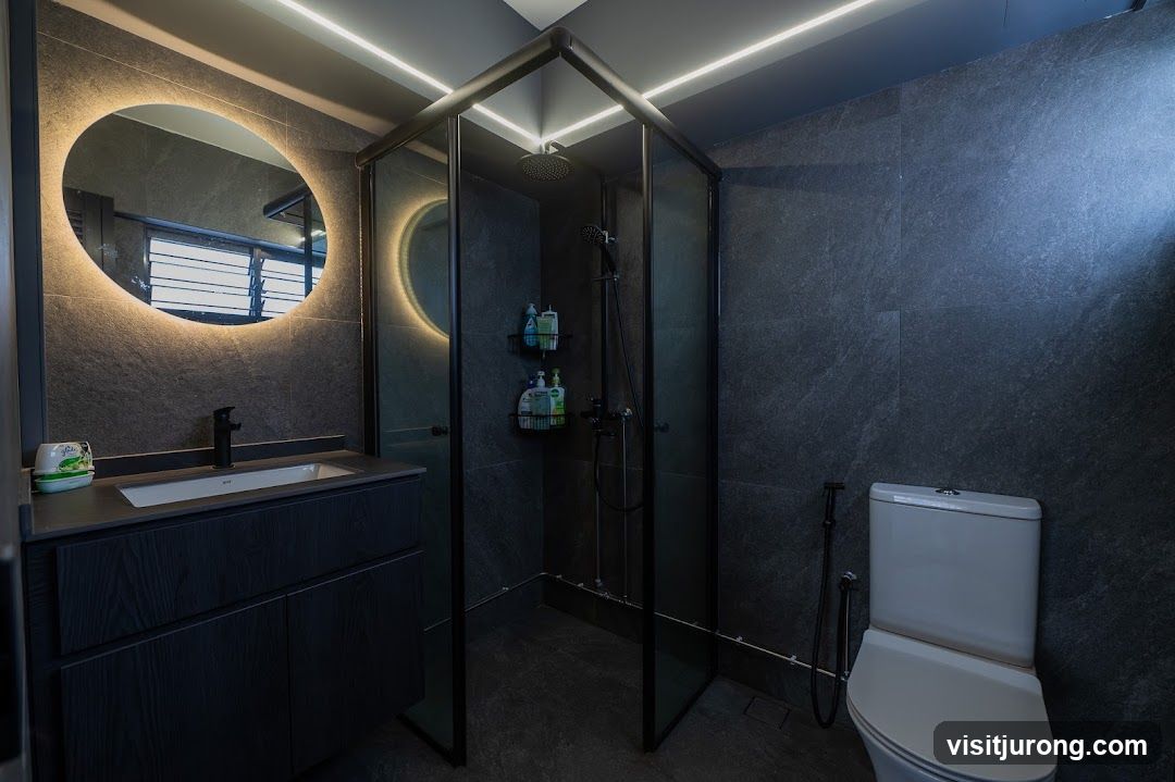 Modern Bathroom with Dark Tiled Walls