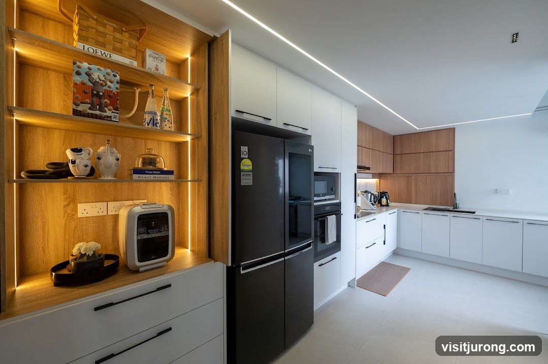 Modern Kitchen with Integrated Appliances and Open Shelving