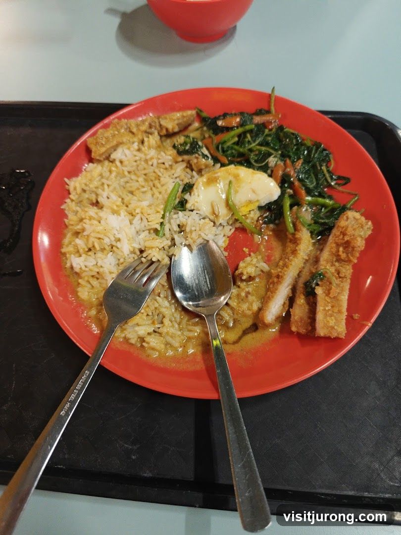 Plate of food with rice, vegetables, and fried meat