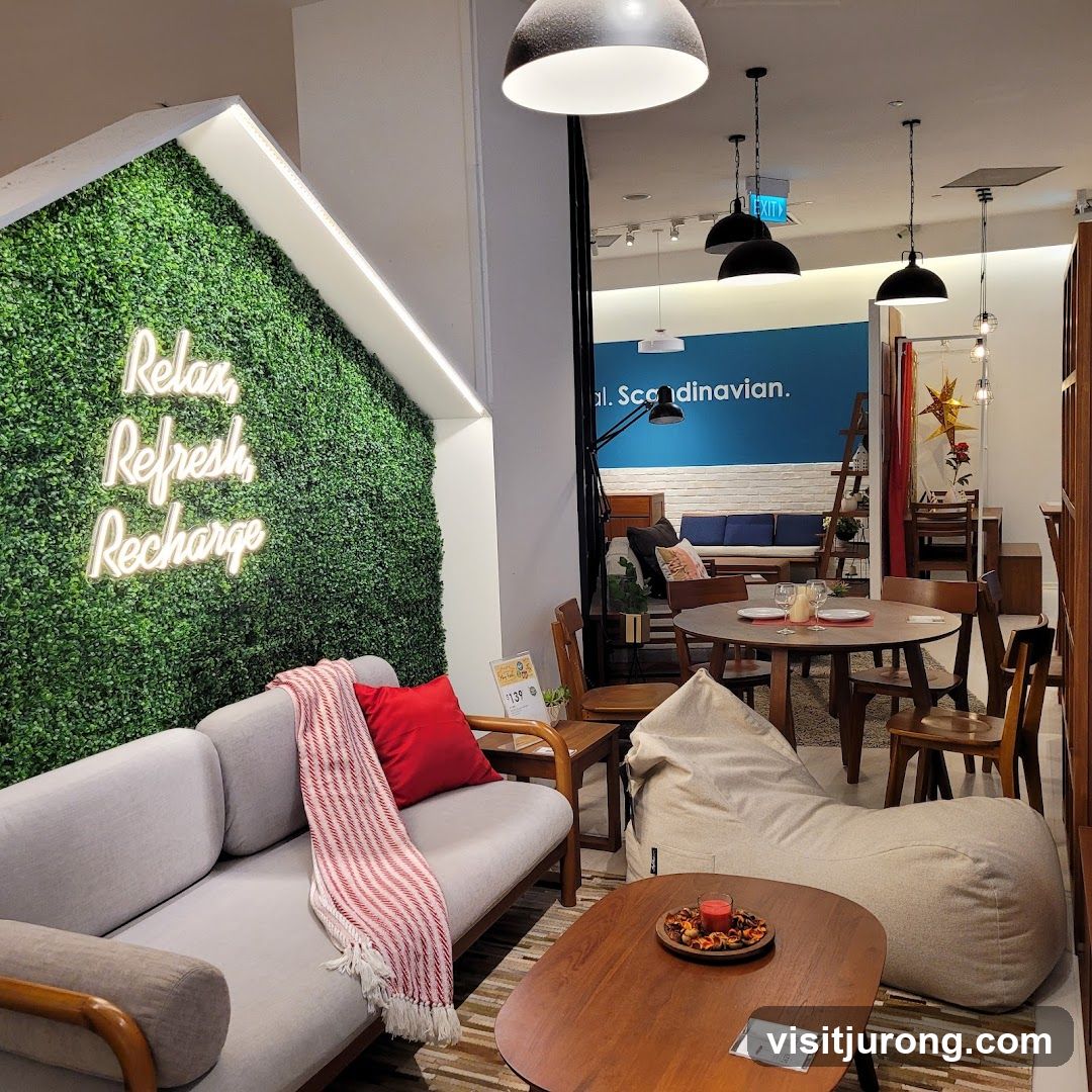 Living room display with neon sign