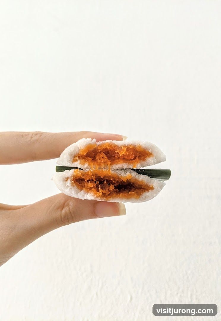Close-up of a mochi with orange filling