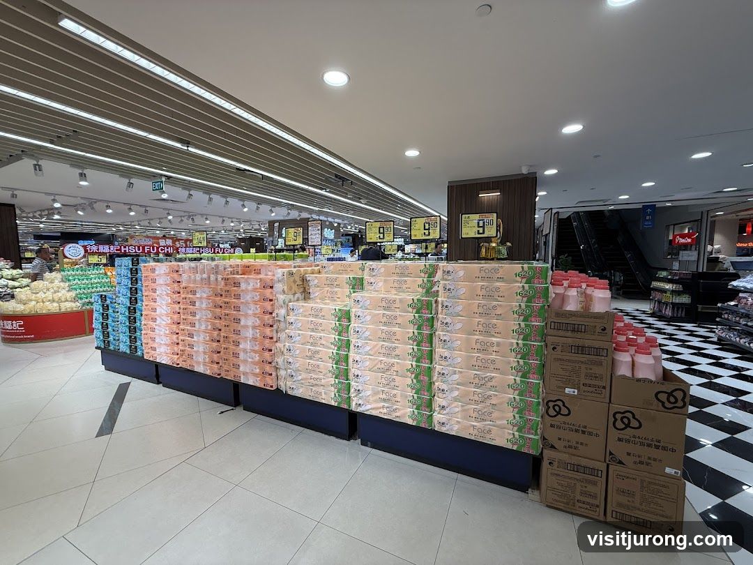 Supermarket aisle with stacked products