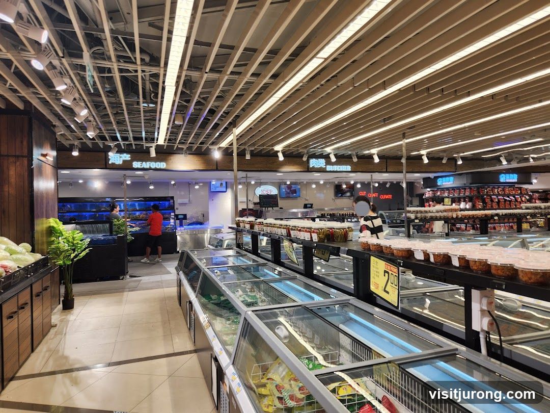Supermarket Interior with Seafood and Butcher Sections