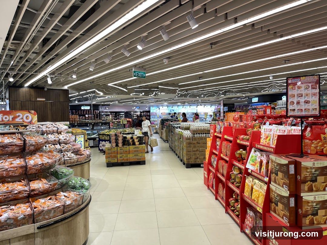 Supermarket aisle with food products
