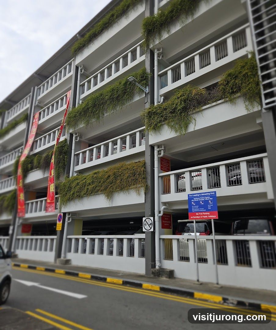 Multi-level parking garage with greenery and banners