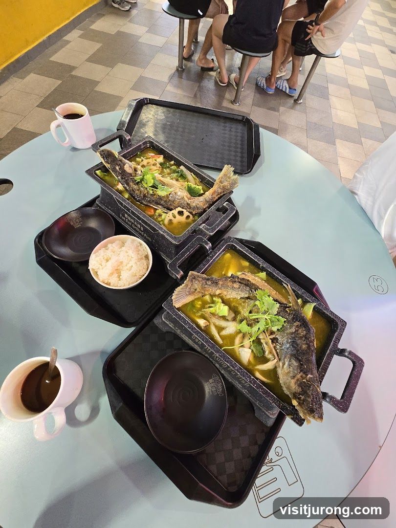 Two Fish Dishes with Rice and Coffee