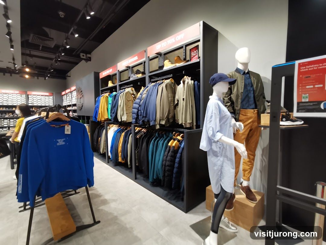 Clothing store interior with mannequins and apparel