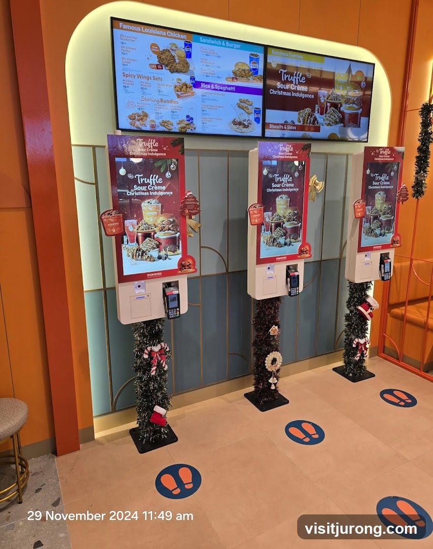 Fast Food Restaurant Interior with Digital Menu and Kiosks