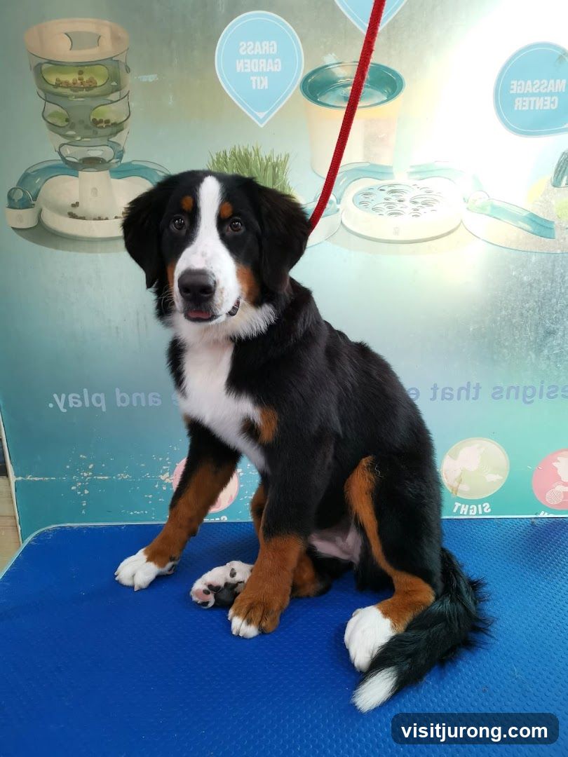 Bernese Mountain Dog Puppy Sitting on Grooming Table